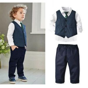 4PCS Kids Baby Boy Gentleman Outfits Vest+Shirt Tops +Pants+necktie Clothes Set