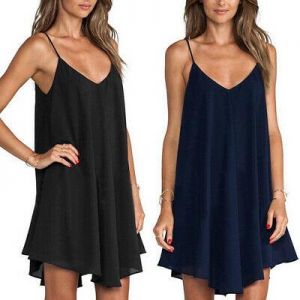 PARADISE בגדים Women Summer Sexy Beach Chiffon Strap Loose Short Dress Plus Size Black Blue