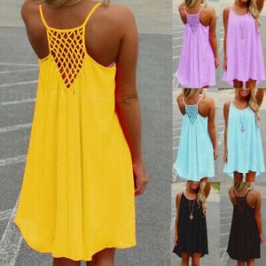 Women Summer Crew Neck Sleeveless Halter Dress Solid Grid Casual Loose Sundress