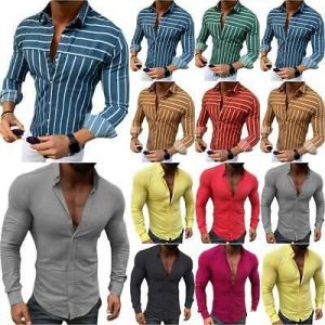 Vintage Mens V Neck Shirts Striped Shirt Formal Button Up Dress Pullover Tops
