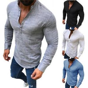 Mens Plain V neck Long Sleeve T-shirt Tops Blouse Casual Button Slim Tee Shirts